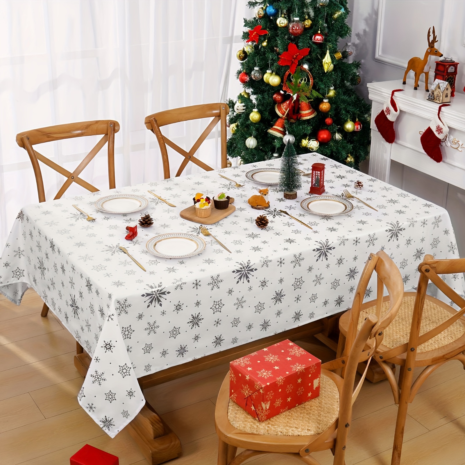 

Christmas Tablecloth, Silvery Foil Print Christmas Table Cloth Rectangle Table, Waterproof Wrinkle Resistant White Tablecloths Washable, Christmas Decorations, Gifts