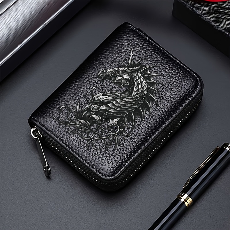 TEMU Men's Dragon Emraved Lychee Texture Card Holder 1pc, Zippered Rfid Anti-theft Wallet, Multi-card Slot Credit Card Case, Minimalist Coin Purse,