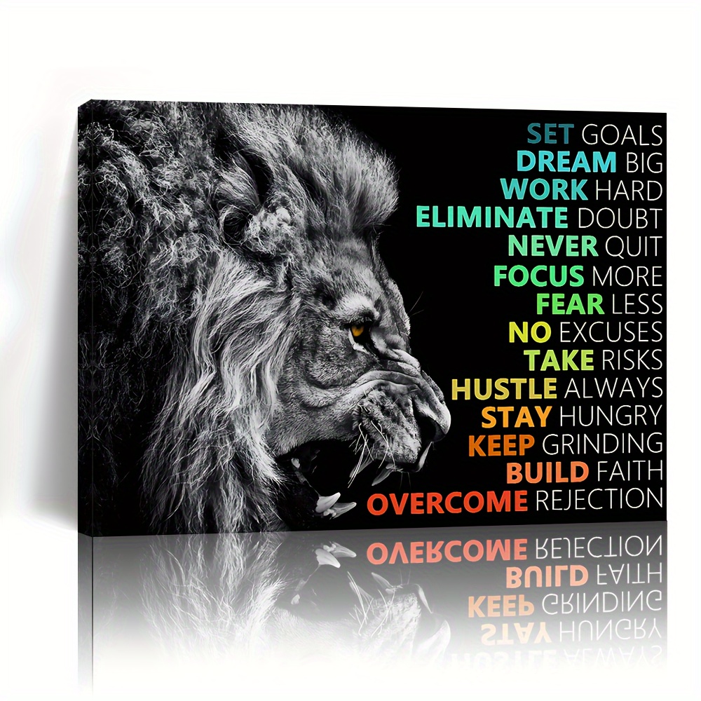 

1pc Wooden Framed Canvas Painting Inspirational Lion Affirmation Quotes Office Wall Decor Motivational Wall Art Prints, For Home Decoration, Living Room & Bedroom, Gift For Her Him, Out Of The Box