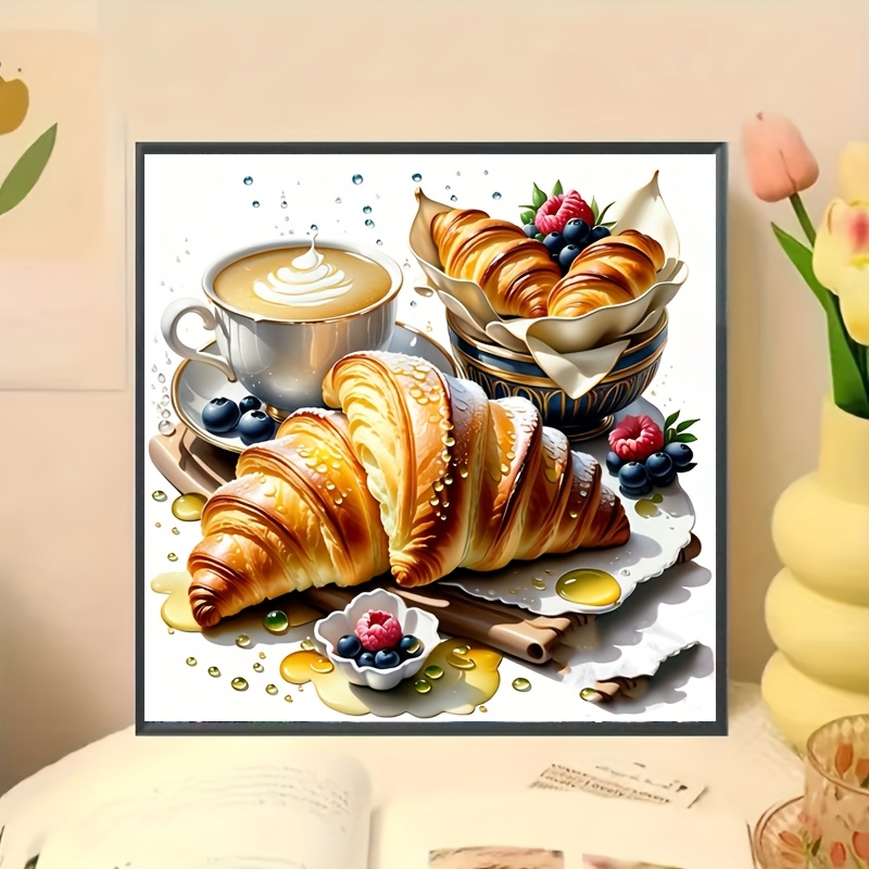 TEMU Diamantmalerei - 1 Stück. Elegante französische Frühstücksleinwandkunst - Acryl-Rund-Diamant-Mosaik-Puzzle, Butter-Croissants & Kaffeeszene, für