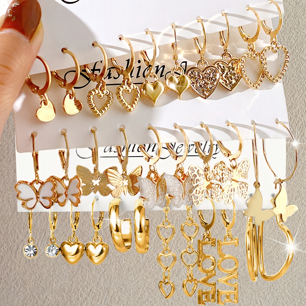 TEMU Parure de 16 paires de boucles d'oreilles élégantes, exquises et magnifiques pour femme, , avec pendentif papillon de cœur et strass , pour les