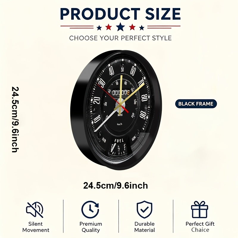 TEMU Vintage Speedometer Themed Decorative Large Wall Clock With Glass Front Cover And Abs Round Frame,silent Non-ticking Quartz Movement,