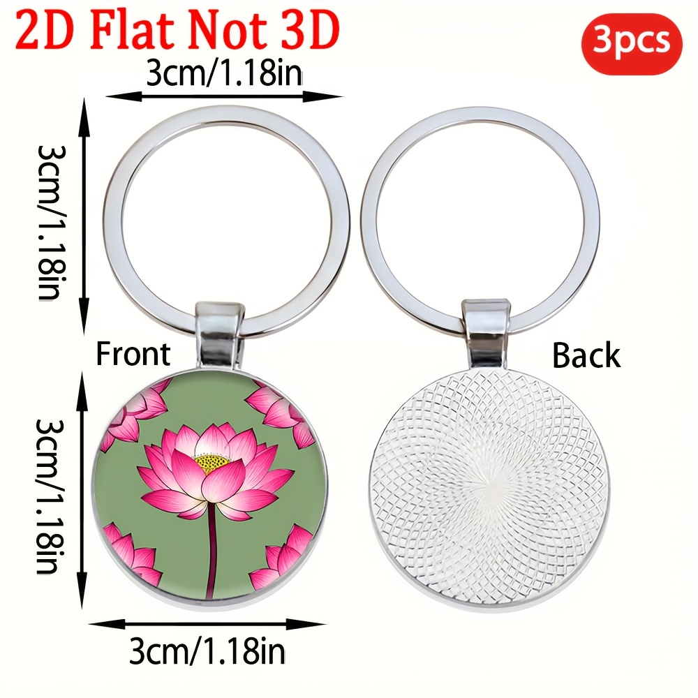 Pink Lotus Patterned Round Key Holder Keychain, 3pcs