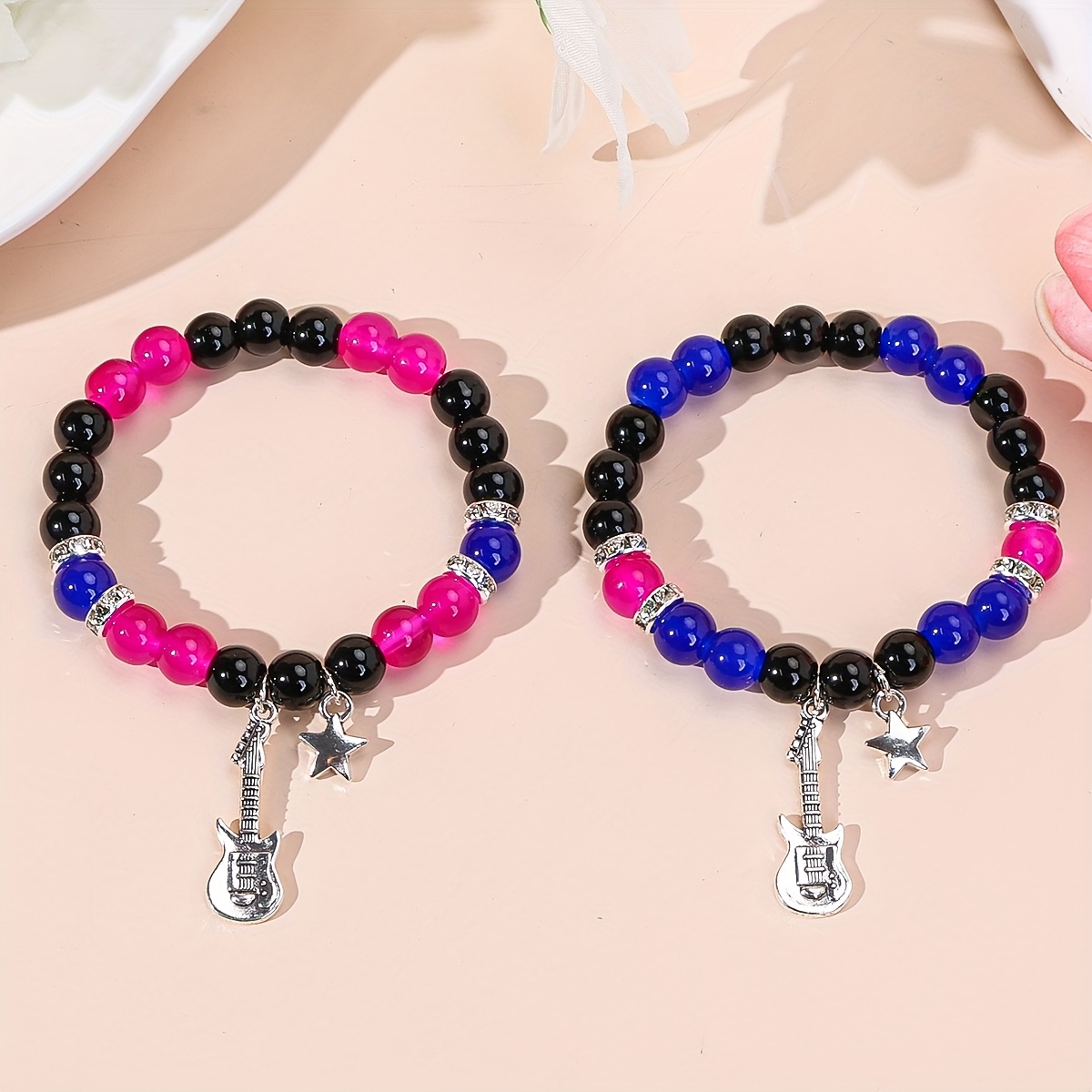TEMU 2pcs Creative Fashion Guitar Star Pendant Women's Bracelet Set, Couple Friendship Daily Music Festival Party Wear Bracelets