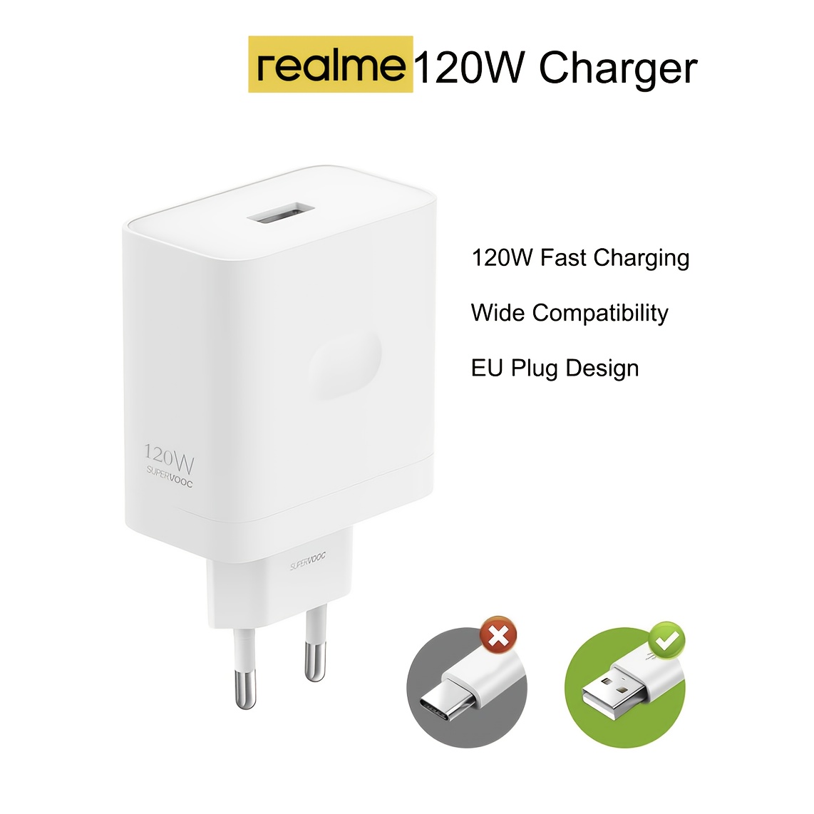 photo de l'article chargeur ultra rapide   120w pour realme, oppo, oneplus, vivo, téléphones  , pour realme gt7/gt7t/gt7 pro/gt6/gt6t/14 pro/14 pro+/12/12 pro+/12x 5g/12+ 5g/11/c75/c67/c65/note 60 smartphone, port usb type a,   fil, blanc