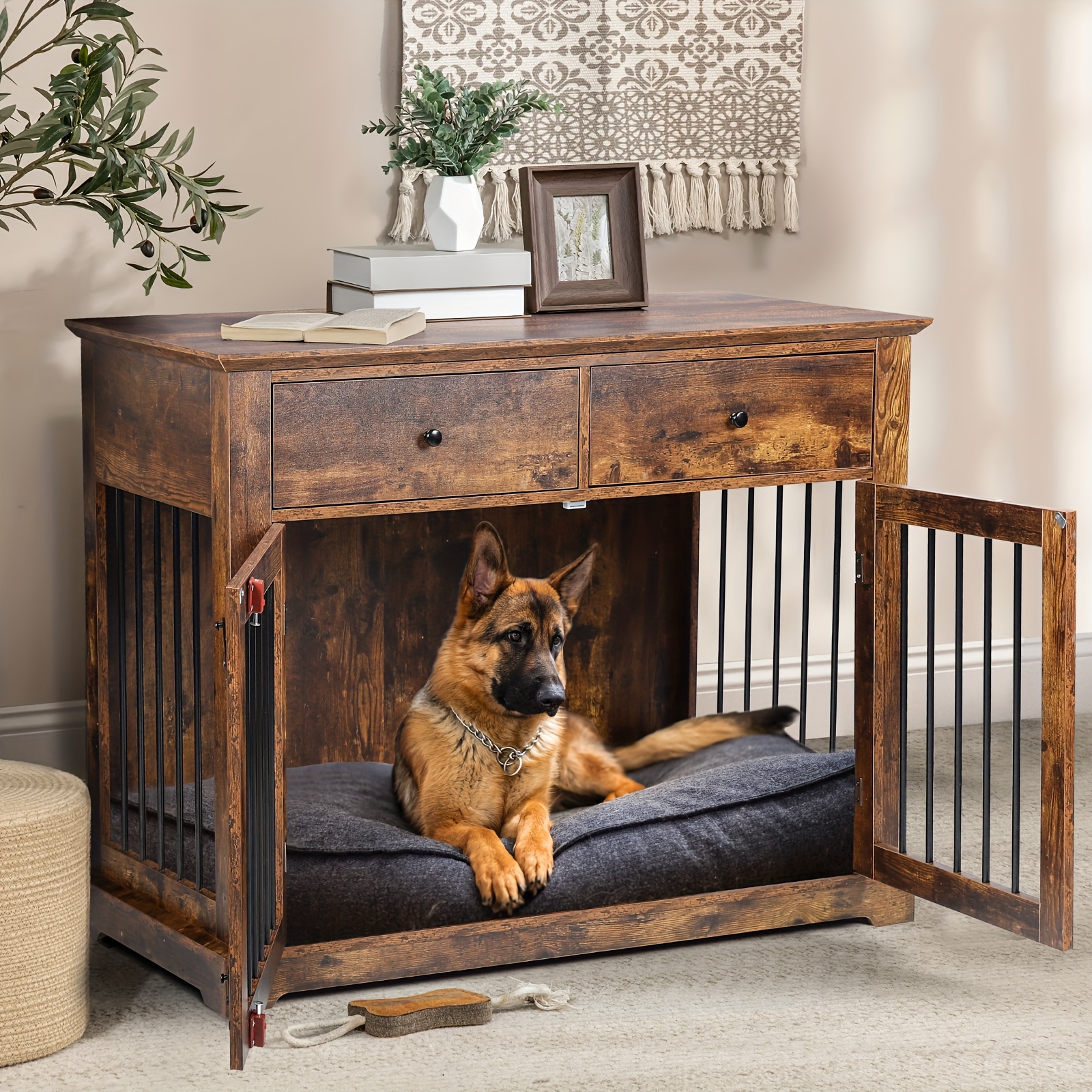 TEMU 44 Inch Large Dog Crate Furniture, Wooden Dog Kennel End Table With Storage Drawers, Decorative Dog House Indoor For Dogs