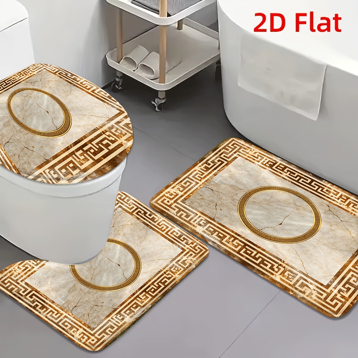TEMU 2d Flat 3pcs Marble And Key Flannel Non-slip Toilet Mat Set Elegant Bathroom Decor, Ideal For Bathroom, Entrance, Bedroom, Hallway