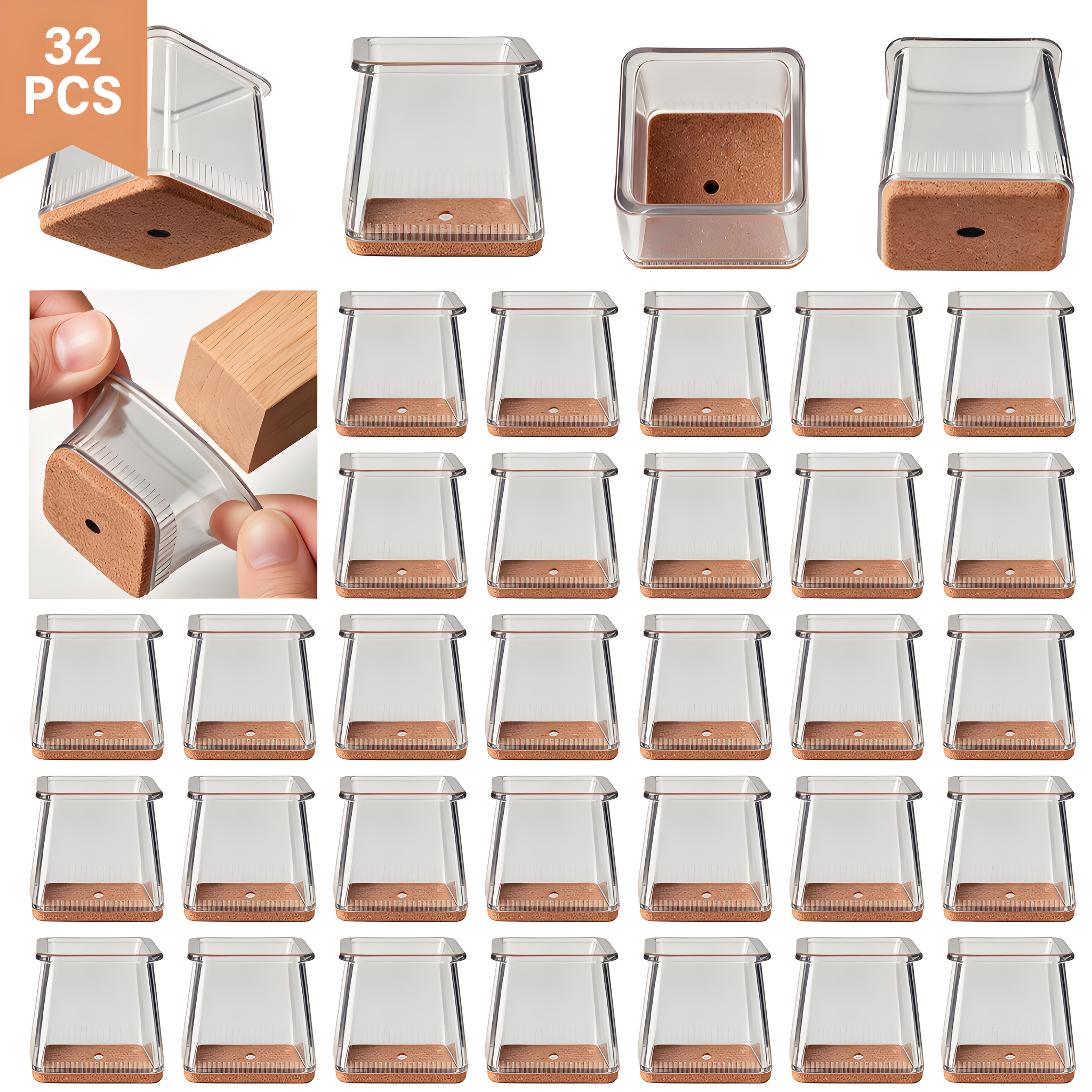 TEMU 32 pièces Protège-sol Carrés Grands pour Pieds de Chaise, Housses pour Pieds de Chaise, Housses Transparentes pour Pieds de Table, Patins en