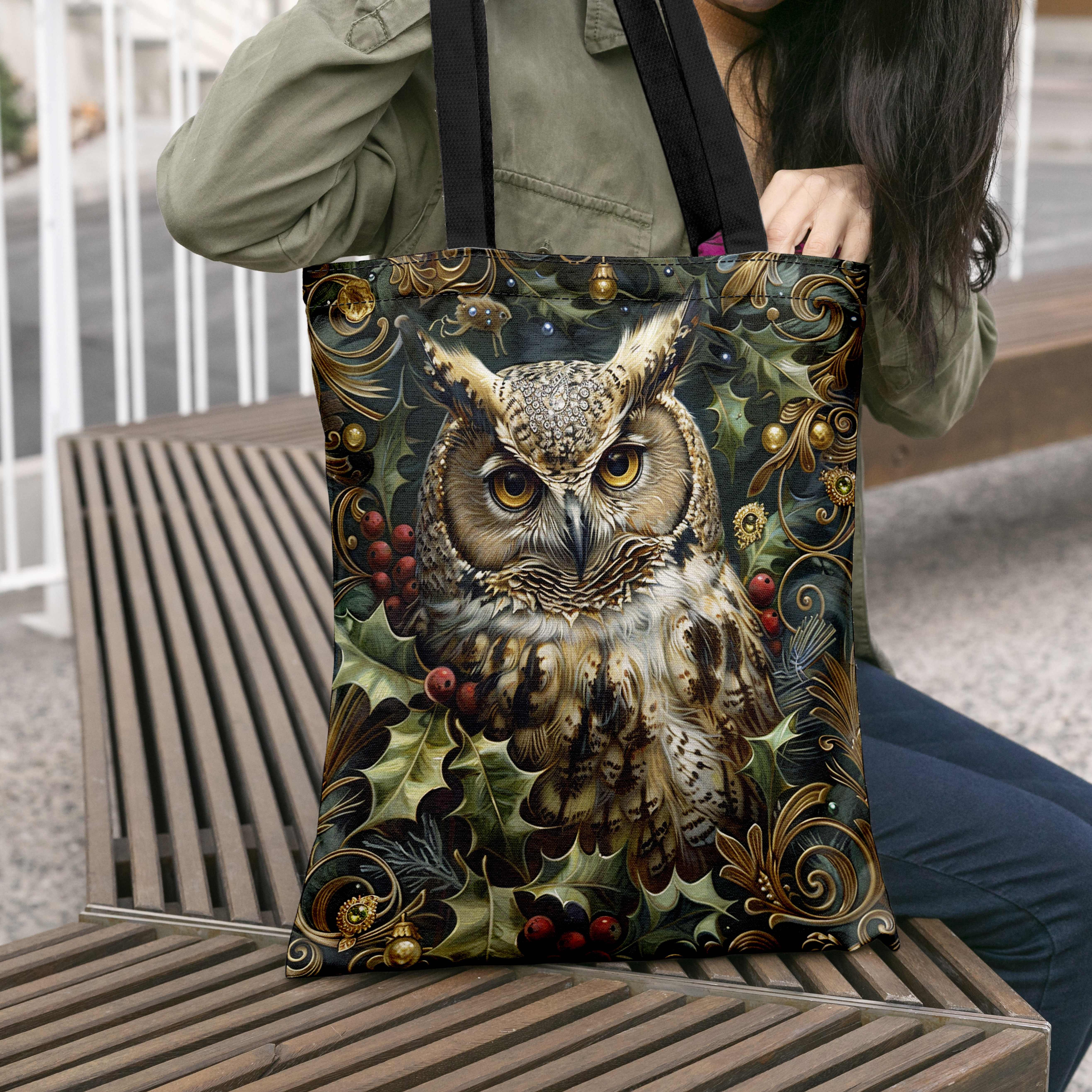 Image of Owl Pattern Christmas Style Tote Bag, Large Capacity Shopping Bag, Portable Casual Handbag, Use & Christmas