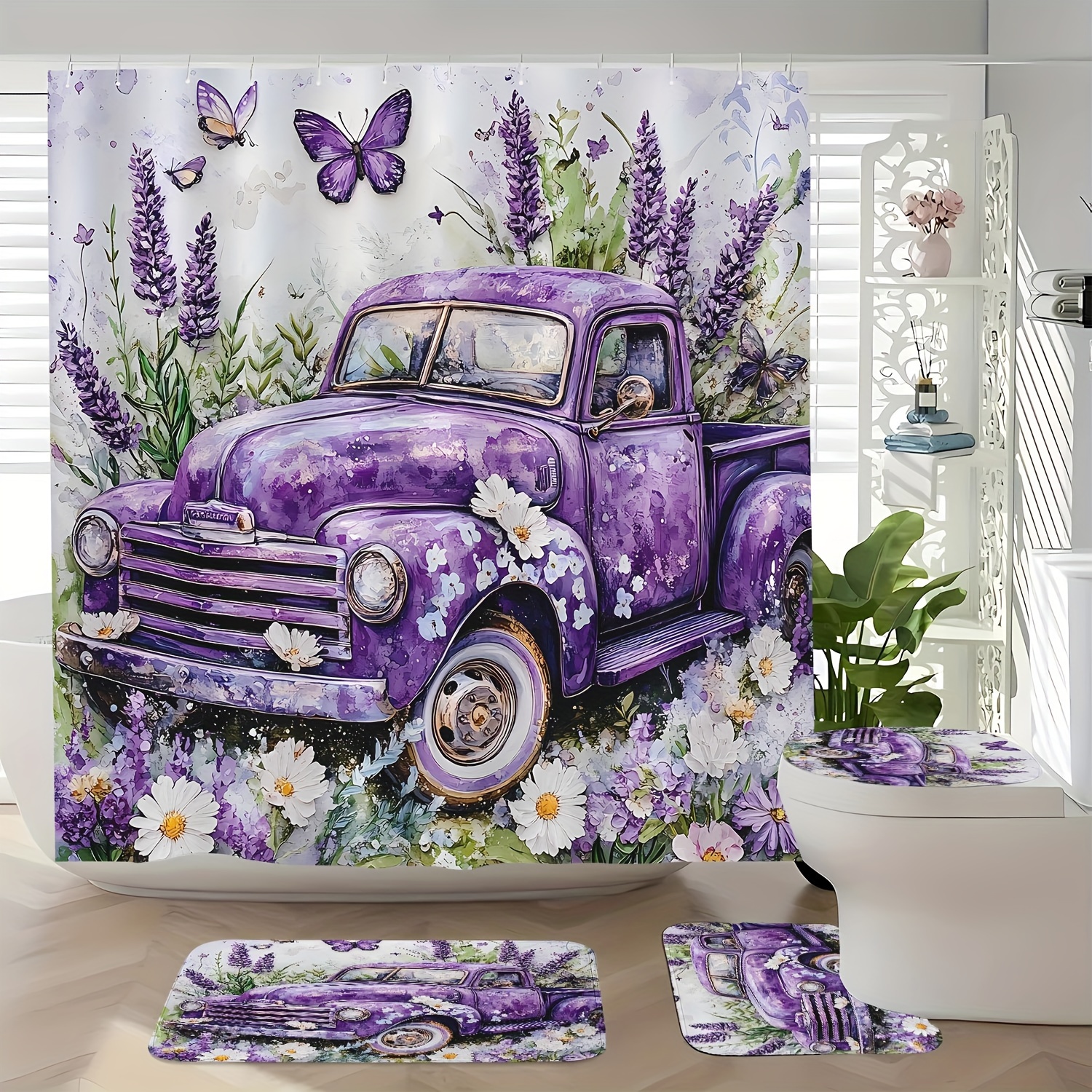 

1pc/4pcs Purple Pattern Curtain Set Bath Mat U-shaped Polyester 71*71inches 12 Curtain Bathroom Or Bathtub Decoration