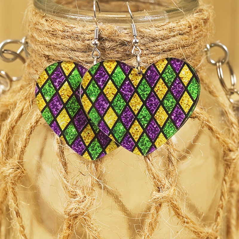 

Mardi Gras Celebration Heart-shaped Acrylic Earrings - Dual-sided Purple, Yellow & Design For Women