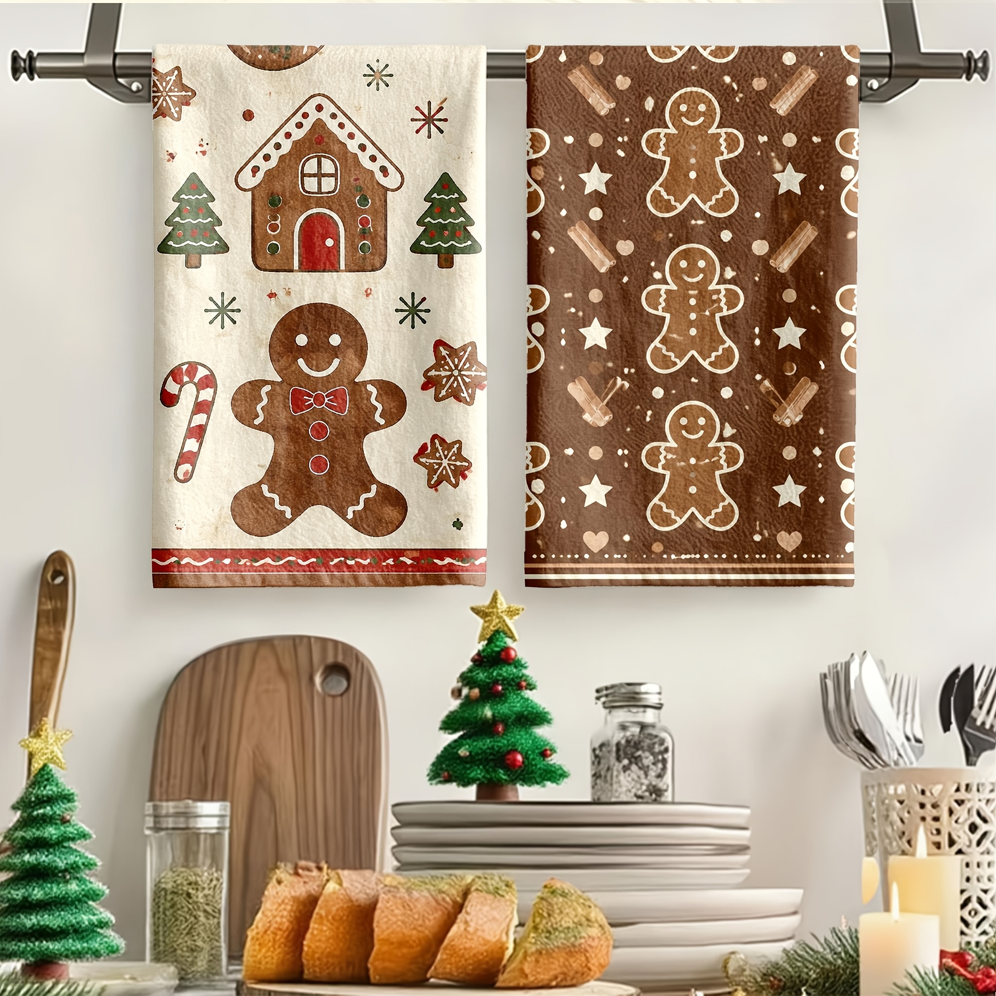 TEMU 2pcs "gingerbread And Holiday Pattern Kitchen Towel Set" Christmas Family Cleaning Cloth, Cleaning Sponge, Dish Towel And Tea Towel, For Washing