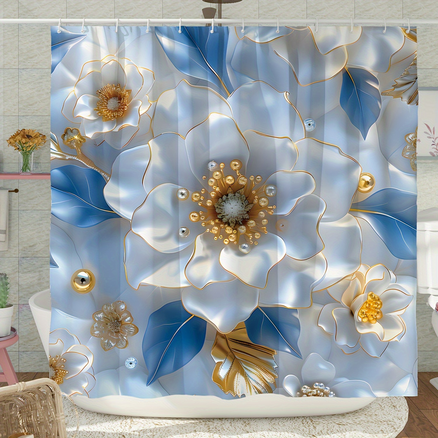 

Luxury Floral Shower Curtain With Hooks - Water-resistant Polyester, 3d Modern Design, Machine Washable, All-season, Unlined, Blue Golden White Flowers Pattern, Woven Fabric, For Bathroom Decor