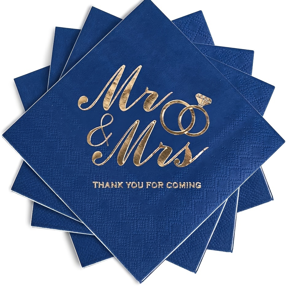 Image of Set Of 200 Wedding Napkins Featuring Mr. And Mrs. With A , Perfect For Cocktail Parties, Wedding Showers, And Engagement Celebrations (5 X 5 Inches, 3-ply) In Blue. For Halloween、christmas