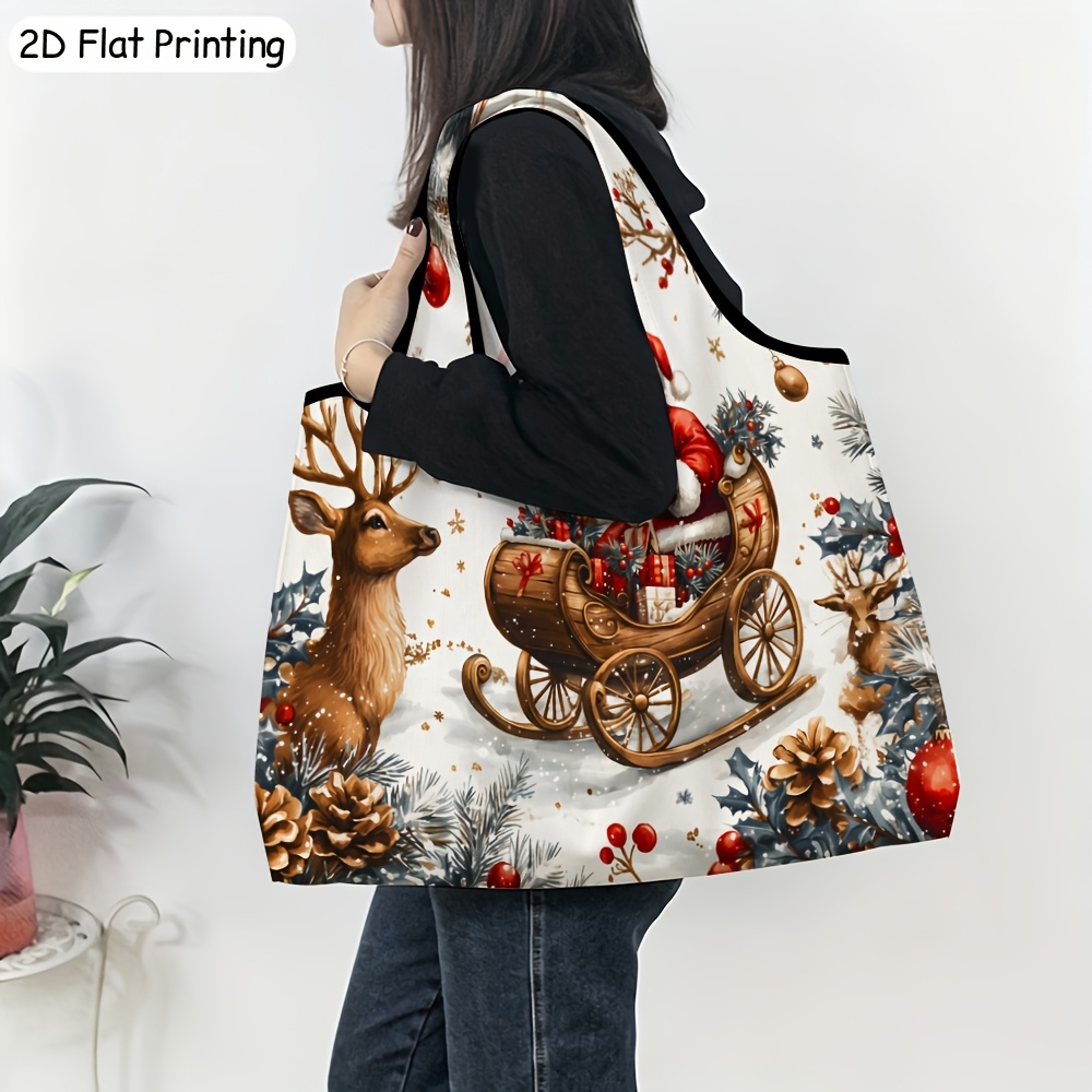 TEMU 1pc Women' Christmas Santa Sleigh Reindeer Print Shoulder Bag - Multi-functional Clutch & Evening Handbag Suitable For Holiday Parties, Travel,