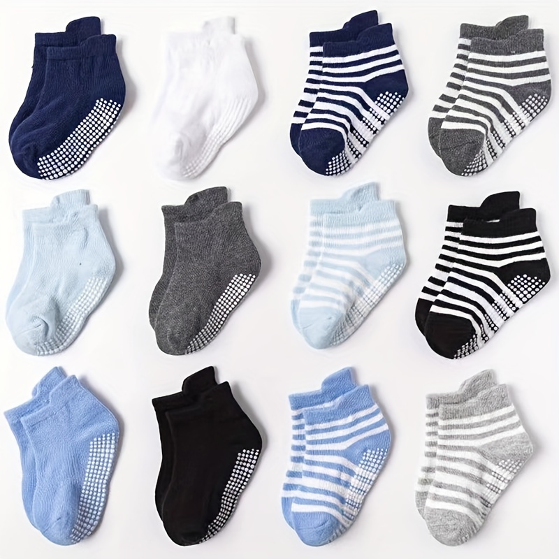 

6/12 Pairs Of Baby Boy's Striped No Show Socks With Non Slip Grains, Comfy Breathable Causal Soft Socks For Infant's Indoor Outdoor Activities