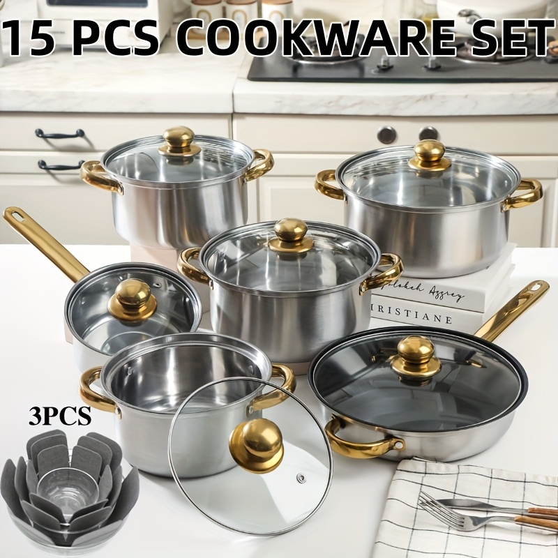 TEMU 15pcs Cookware Set With Felt Cookware Protection Pads, Stainless Steel Pan Set, Pan Set Including +6 Lids+3 Insulation Pads, Cookwaresuitable For Home, Restaurant, And Outdoor Camping