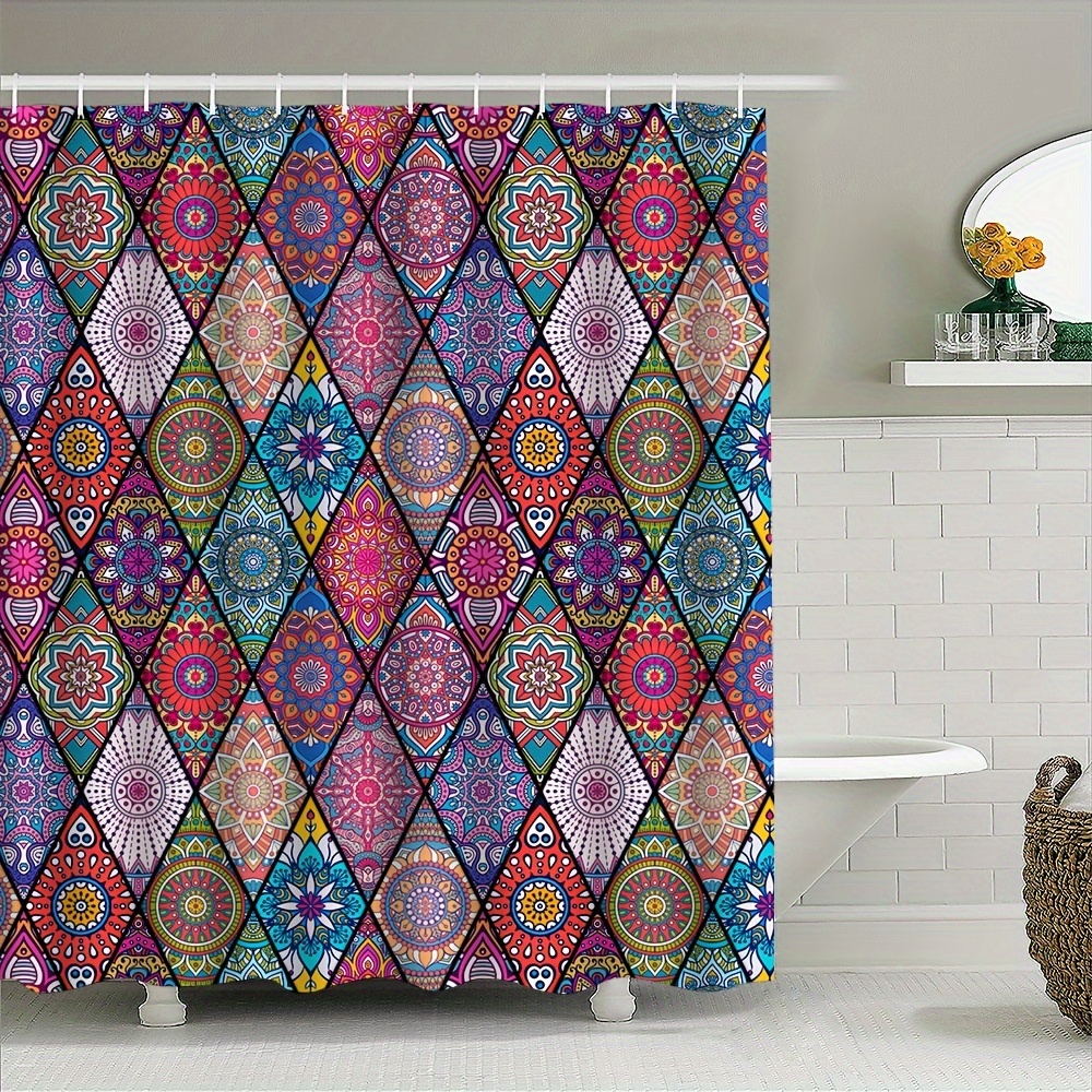 

Bohemian Mandala Floral Shower Curtain - Durable, Machine Washable Bathroom Decor With Oversized Diamond Grid Design, Privacy Window Cover