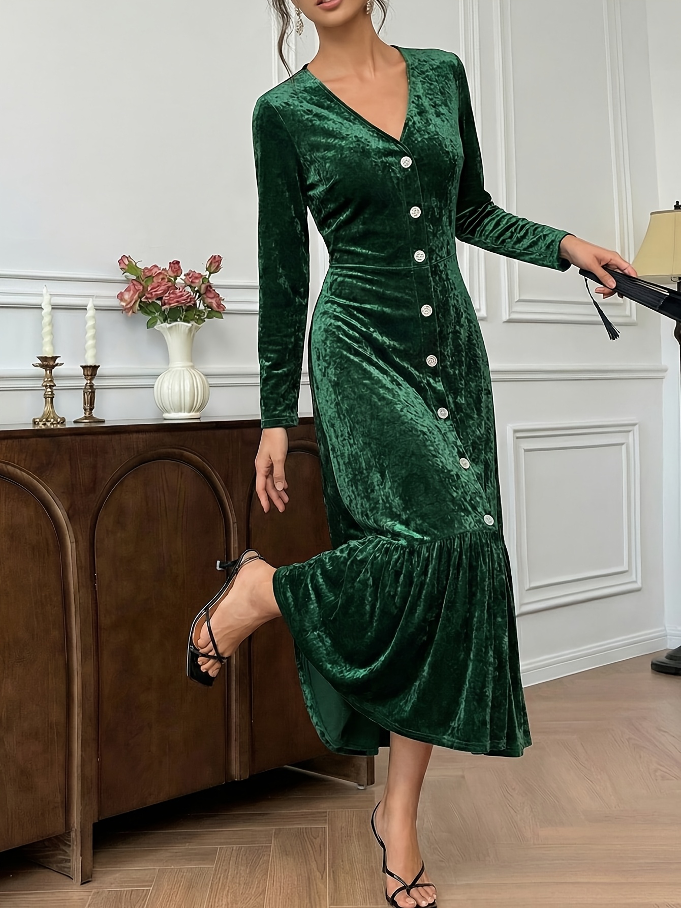 slim fit dress slacks Women's Mia Gathered V-Neck Velvet Maxi Dress S/M/L Moss Green/Dark Green Mean Blvd M / Moss Green main image 1