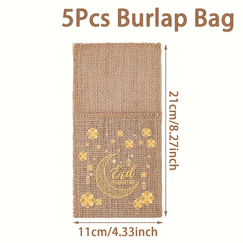 5pcs Eid Ramadan Linen Burlap Bag, Knife Fork Bags, Decoration For Home, Party Supplies Tableware Bags, Ramadan Mubarak For Home Knife And Fork Packaging Bag