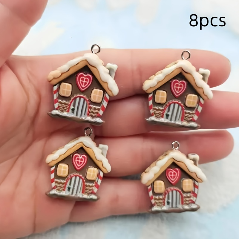 Image of 8pcs Resin Christmas House Ornaments Keychain - Holiday Craft Additions, No Batteries Required, Suitable For Festive Decoration And Jewelry Making