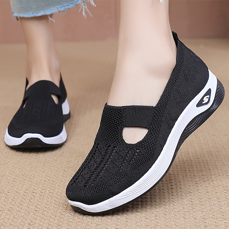 

Women's Knitted Sports Shoes, Breathable Cut-out Slip On Shoes, Comfy Outdoor Walking Shoes