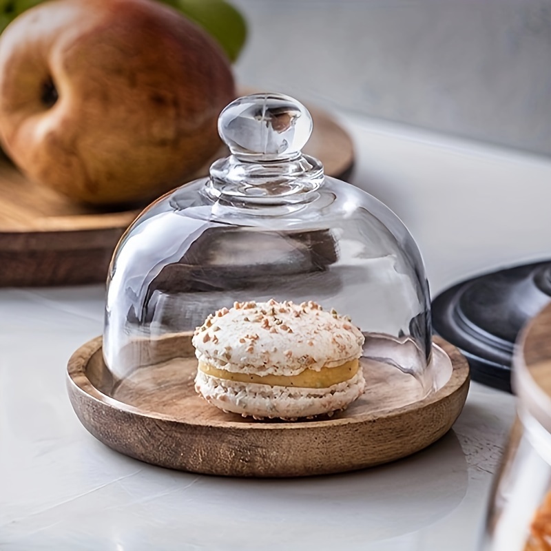 

2 pièces, Mini assiettes à dessert avec couvercle en verre, base en bois, présentoir anti-poussière pour gâteaux et pâtisseries