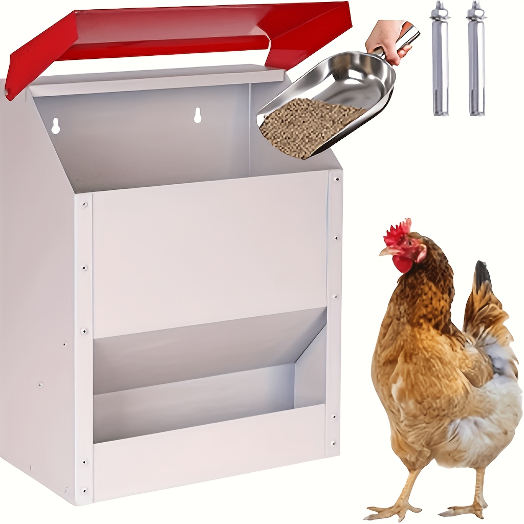 TEMU Sxtsxt Automatic Metal Chicken Feeder Wall Mounted Galvanized Poultry Feeder With Cover Outdoor Wall Mounted Chicken Food Dispenser Gravity