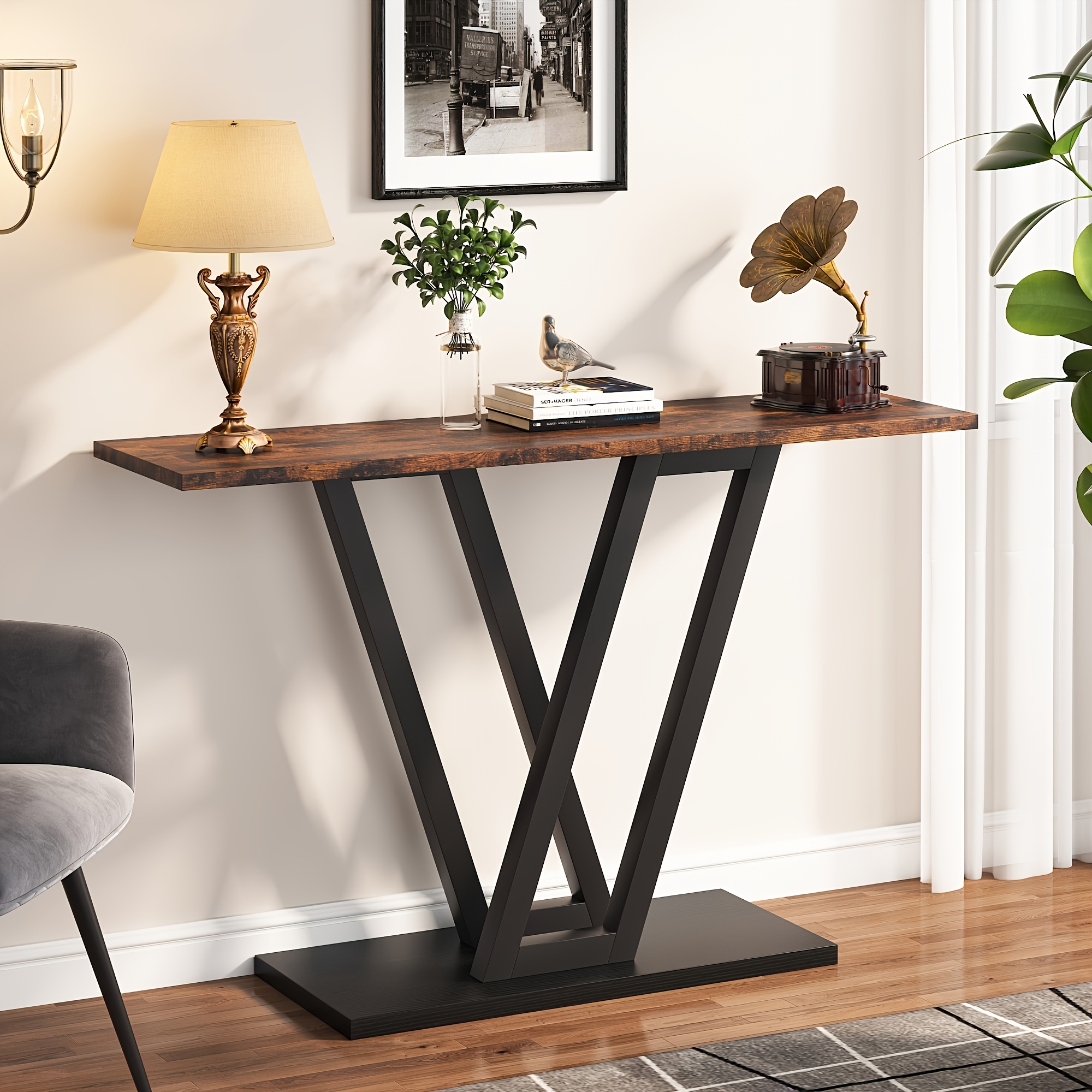 TEMU 1pc Vintage Industrial Console Table, 43" Hardwood And Metal Sofa Table With Unfinished Wood Top, Scratch-resistant Entryway Hallway Table For