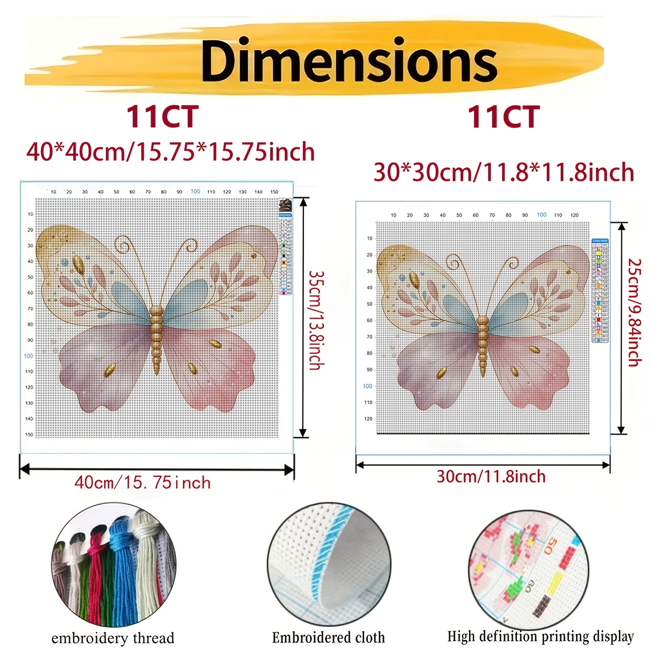 DIY Cross-Stitch Printed Kit, Unframed, Pink-to-Blue Gradient Butterflies
