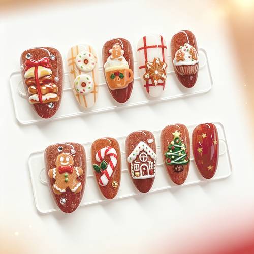 item picture 10pcs handmade christmas press on nails medium almond shape 3d gingerbread donut christmas tree nails full cover reusable acrylic false nails for women christmas gift