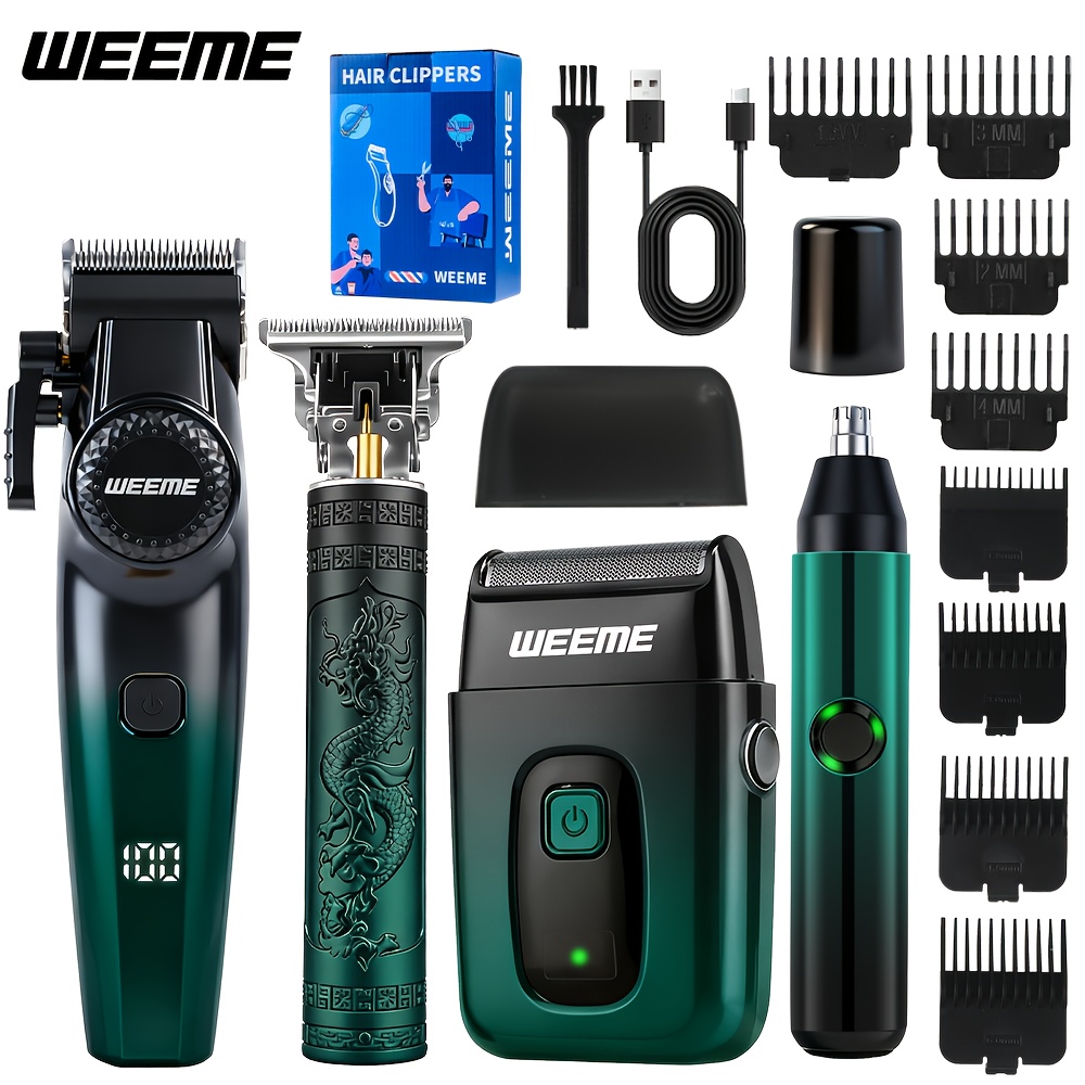 TEMU Kit de toilettage électrique 1/2/3/4 pièces avec design avancé à dégradé vert : une tondeuse à cheveux, un rasoir électrique, une tondeuse à