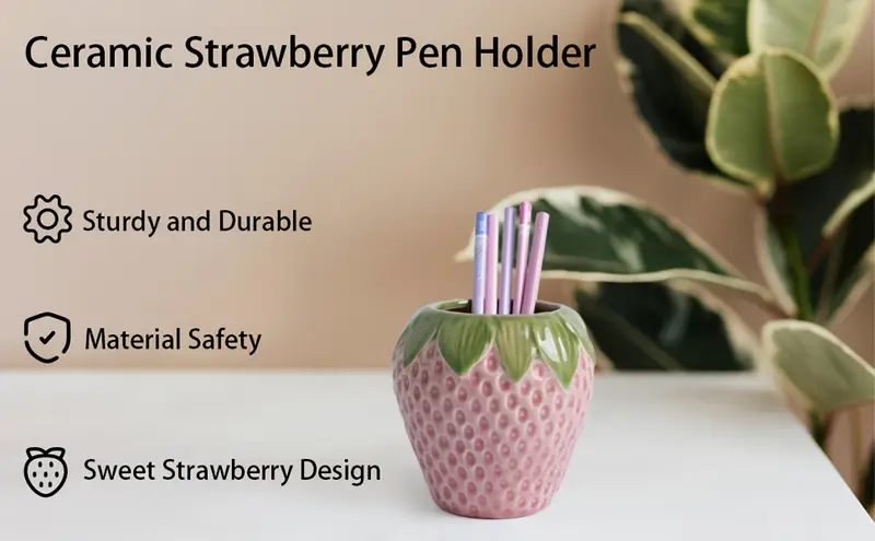 strawberry ceramic pen holder multifunctional desktop organizer storage pen holder makeup brush storage holder office desk pen holder living room and bedroom decoration ornaments Product details 0