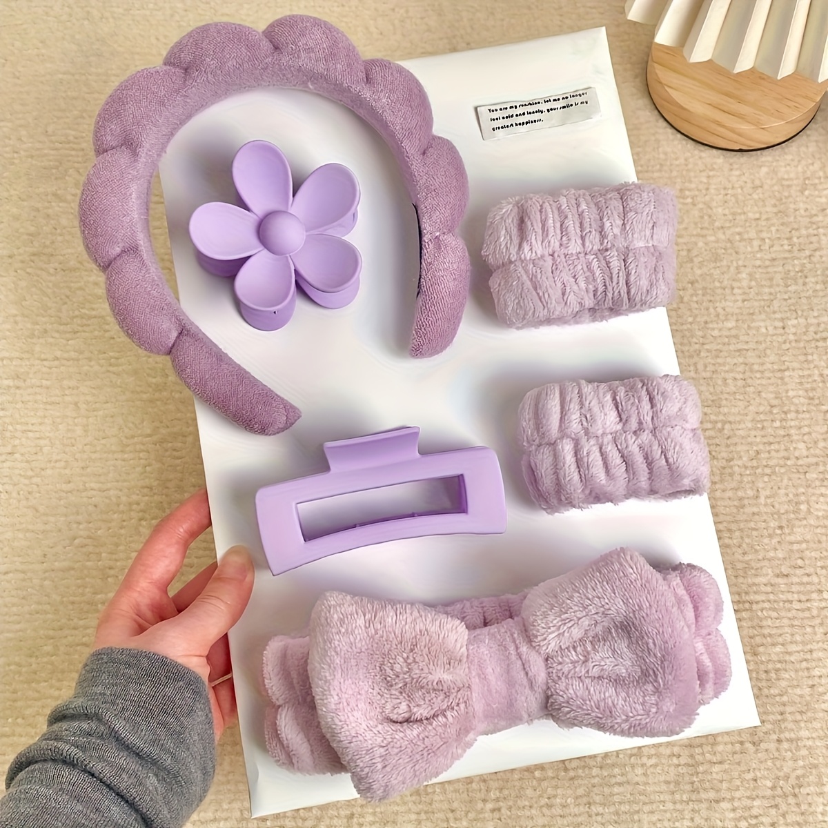 6pcs set womens spa additions set in 5 colors comfortable soft including floral hair clips bow headband and elastic wristband perfect gift for a lady friend white   blue purple