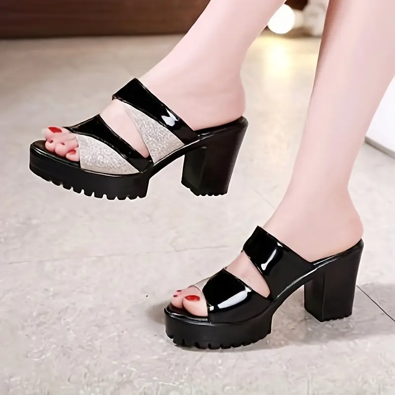 womens solid color stylish sandals slip on platform soft sole sequins decor shoes comfort dress chunky heels details 2