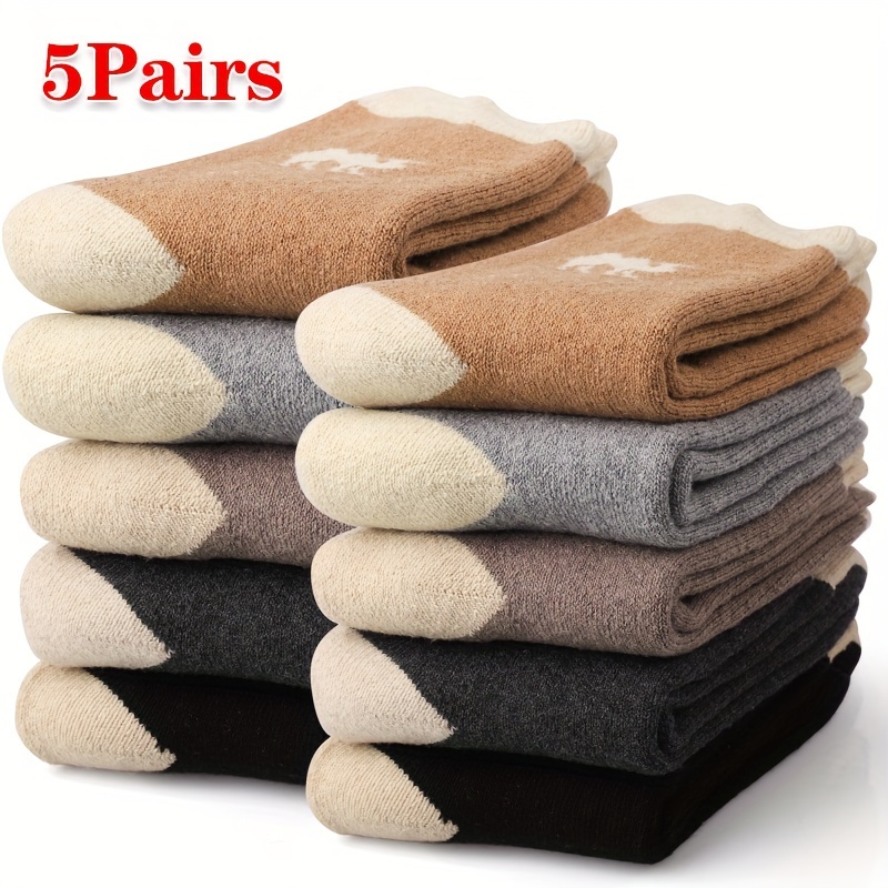 

5 Pairs Of Men's Camel Pattern Thickened Thermal Crew Socks, Comfy Casual Cotton Blend Knitted Socks, Christmas Gift, Keep Your Feet Warm In This Winter,