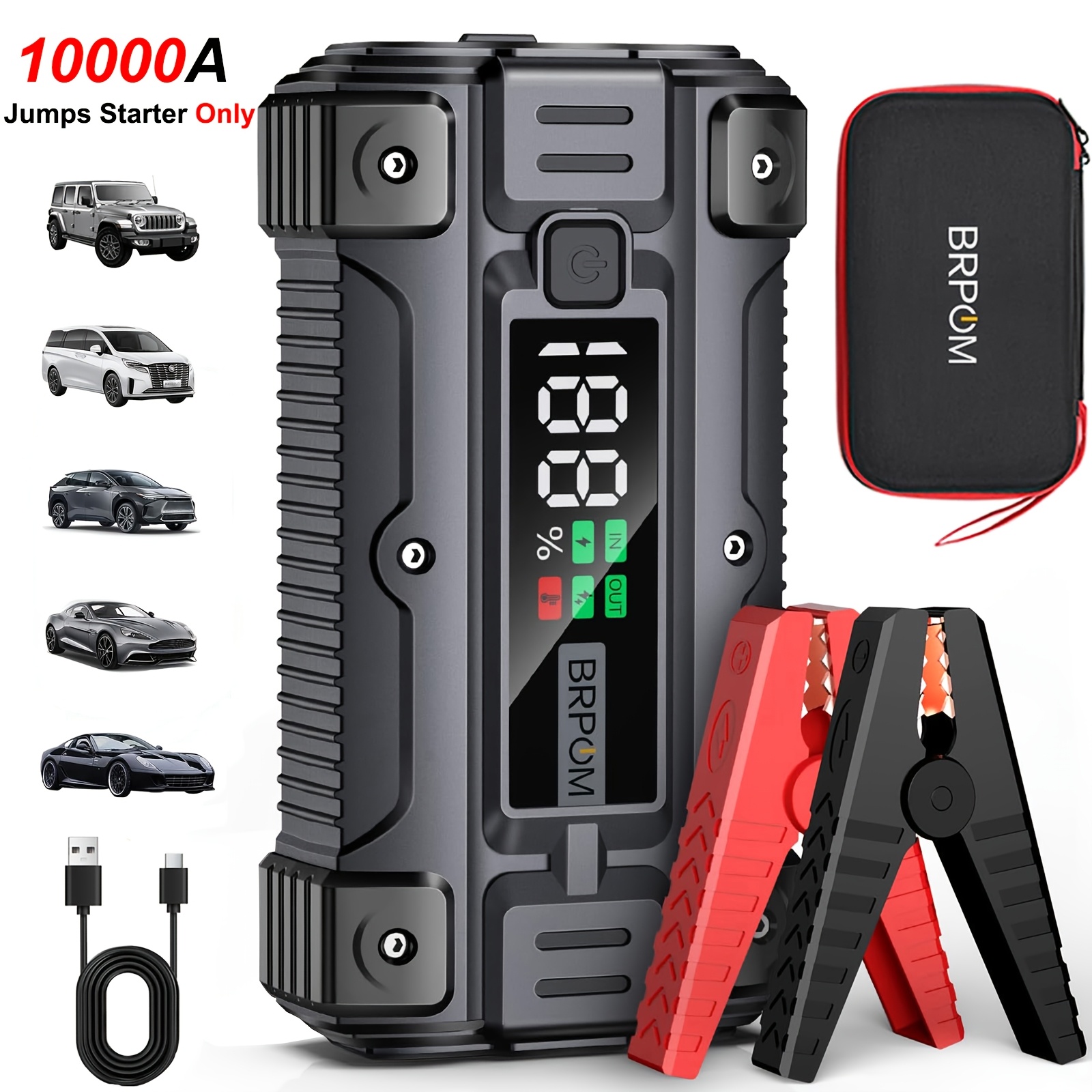 Image of 10000a Car Jump Starter, Portable Car Battery Starter For All Gas Or 10.0l , 12v Car Battery With Led Light, Digital Display, Eva Carry Bag, Auto Jump Box