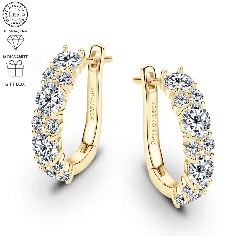 a pair of fashionable earrings for women 925 silver d shaped 1 38ct moissanite earrings elegant and exquisite a festival gift womens earrings jewelry gift earrings for women mothers day gift high quality womens jewelry gift box as a gift Product details 1