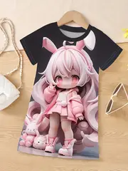 anime cute girl 3d print short sleeve dress girls novelty t shirt dresses for summer everyday details 1