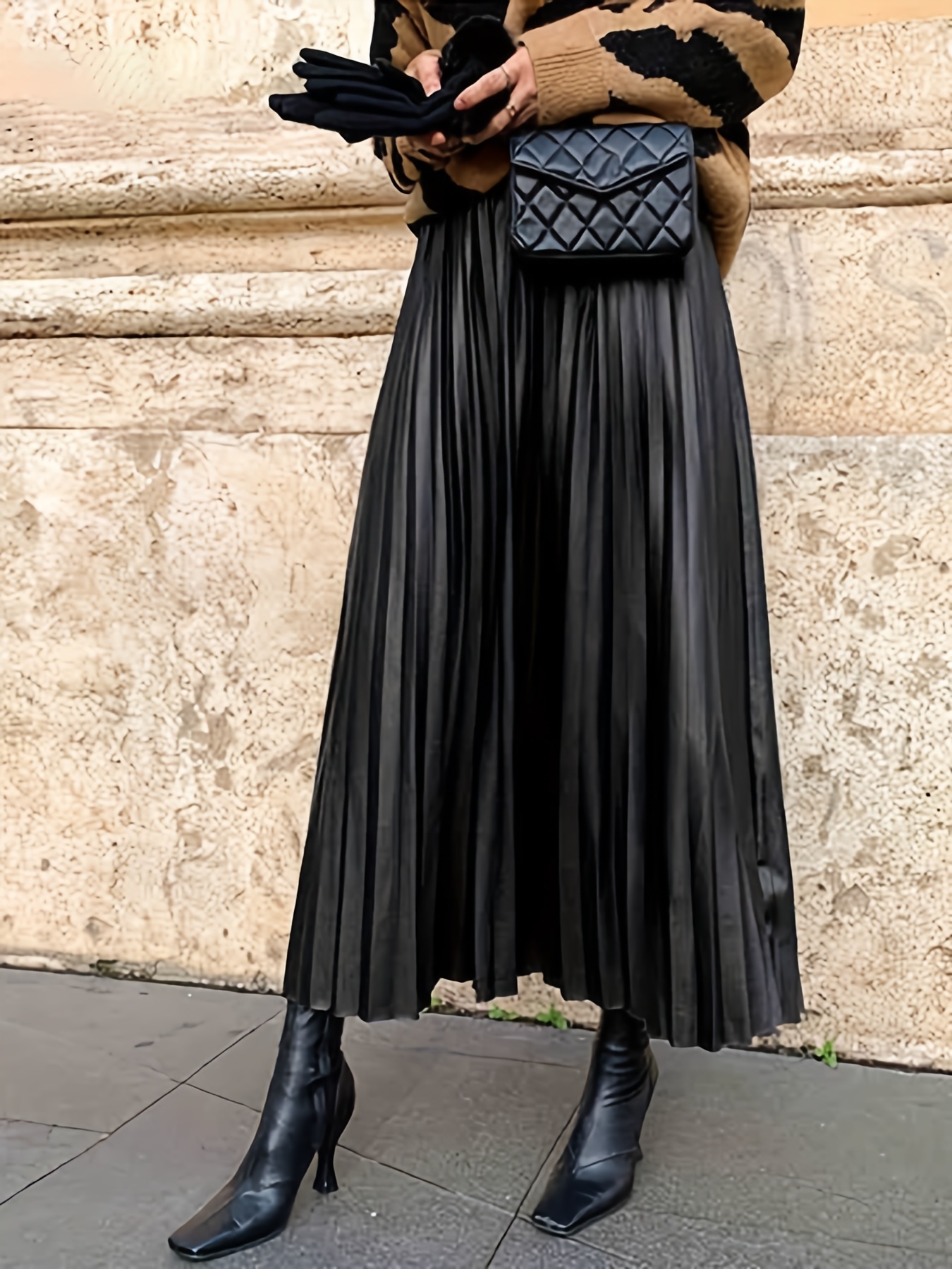 black pu pleated skirt new womens high waist trendy work Temu