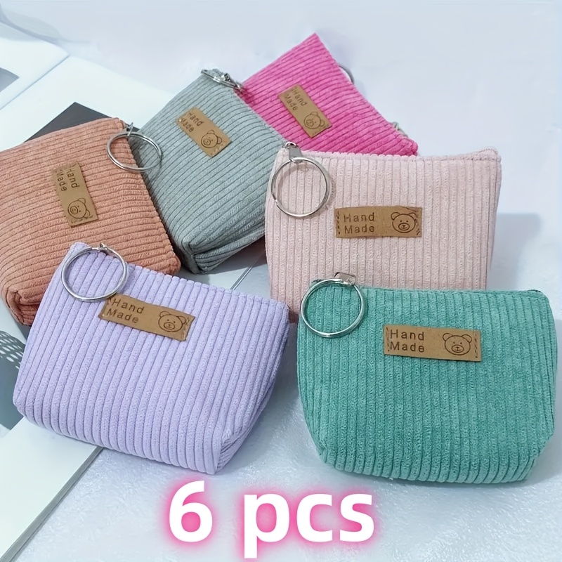 

6pcs Chic Mini Corduroy Coin Purses With Keychain - Casual & Stylish, Holds Keys, Cables, , Rings - , Washable - Perfect Gift In Assorted Colors, High Cost-performance,