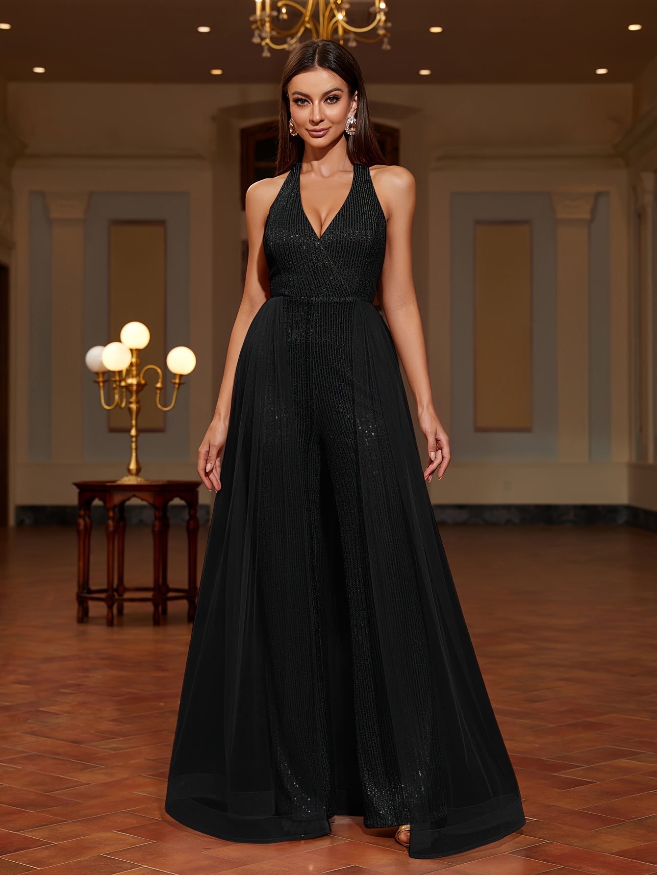 open lace back dress Holiday Party Velvet Jumpsuit in Black S / Black
