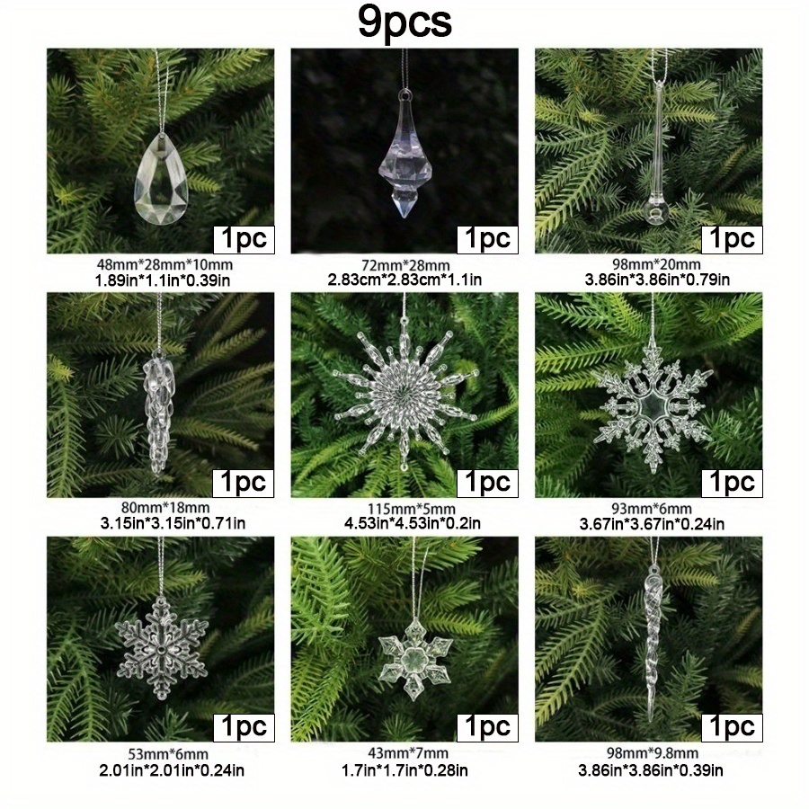 2d Flat, 9pcs Crystal Christmas Tree Ornaments, Hanging Acrylic Xmas Snowflake Icicle Drop Crystal Ornaments With Hooks For Christmas Tree Winter New Year Party And Home Decor