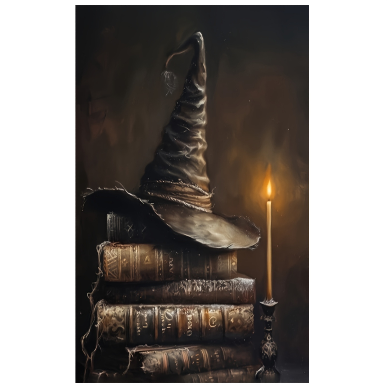 Image of Room Decor 1pc Mystical Wizard Hat & Ancient Canvas Art Print, Frameless Fantasy Wall Decor, Unique Gift For Book Lovers, 30.48x45.72cm, For Home, Office, Cafe, Perfect For Room Decor