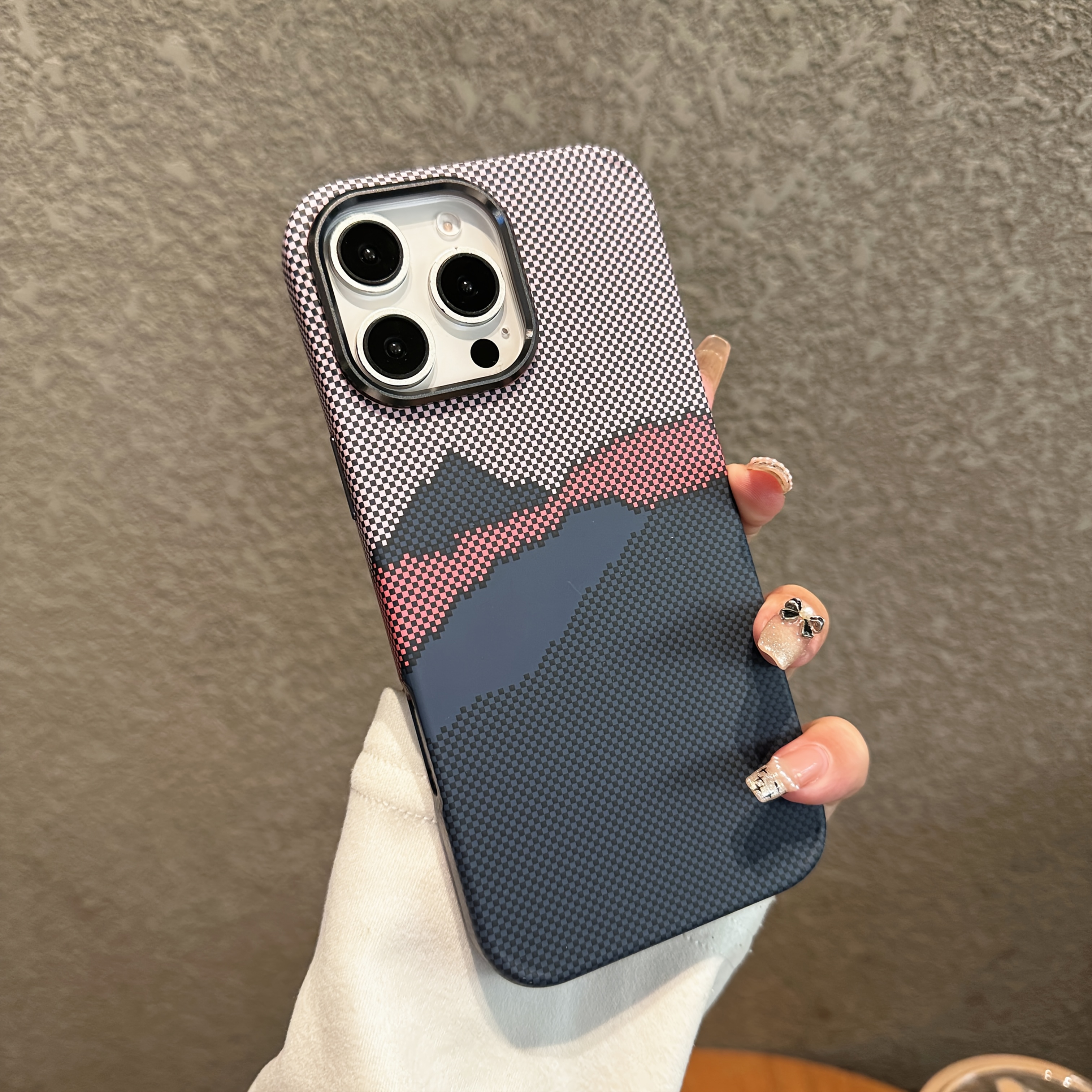 TEMU Phone Case - Original -thin Skin-feel Carbon Fiber Checkered Pixel Texture Magnetic Phone Case Suitable For Iphone 16 Pro Max Full-edge 16 Pro
