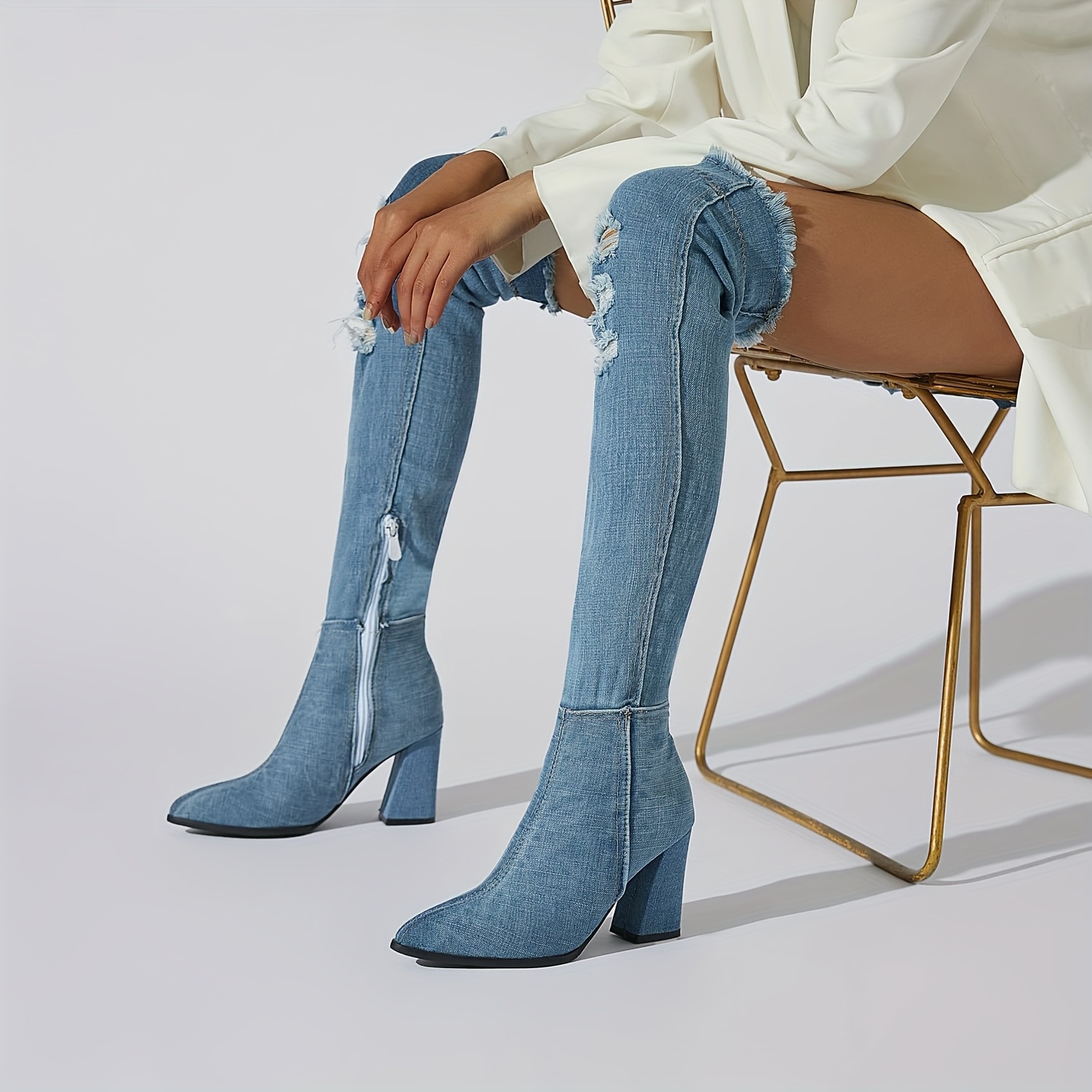 womens denim thigh high boots cutout knee blue jean boots Temu