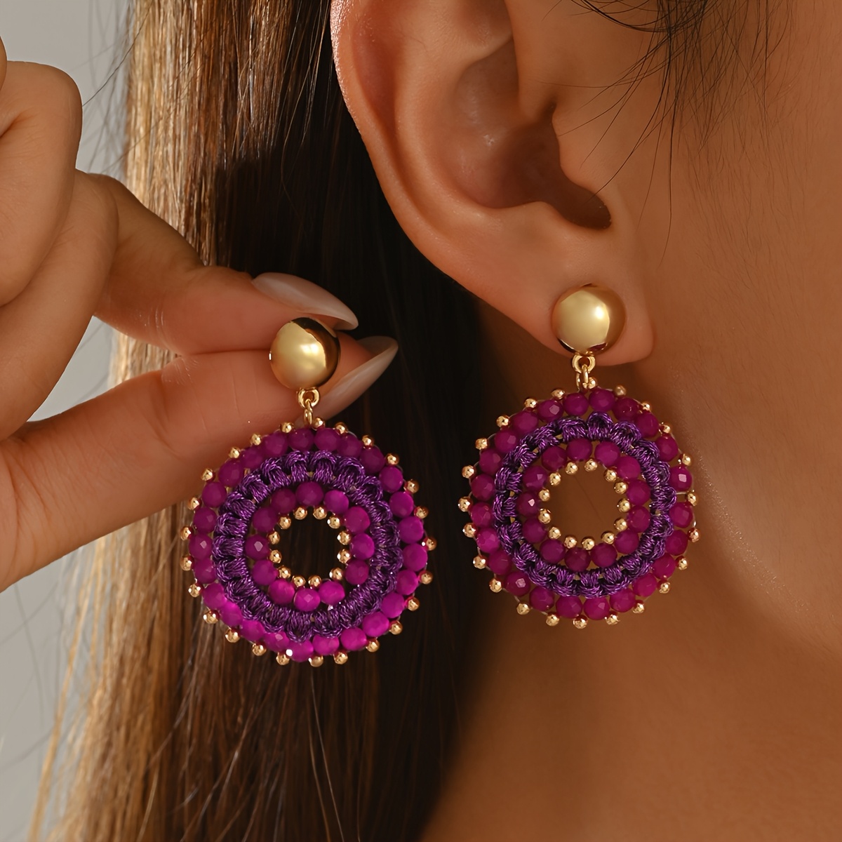 Bohemian Fashion Beaded Round Dangle Earrings, Handmade