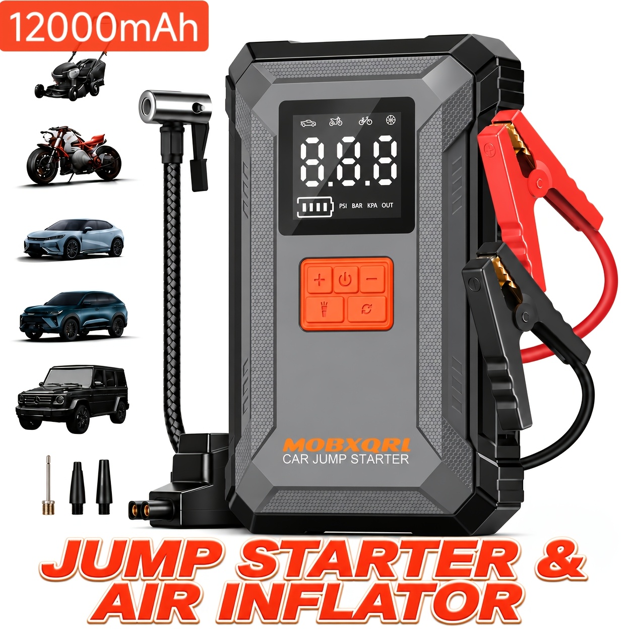 TEMU 15000a Car Jump Starter With Air Compressor, 150psi Portable 12v Car Battery Charger Tire Inflator, 400lumen Led Emergency Light, Usb Input And