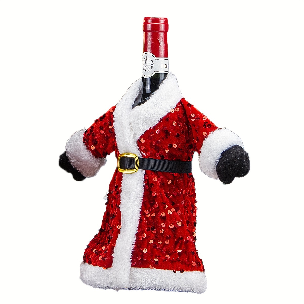 Image of Christmas Decorations, Sequined Plush Dress-style Wine Bottle Cover, Christmas Wine Sleeve, Home Dining Table Decor, Holiday Atmosphere Decorative Items