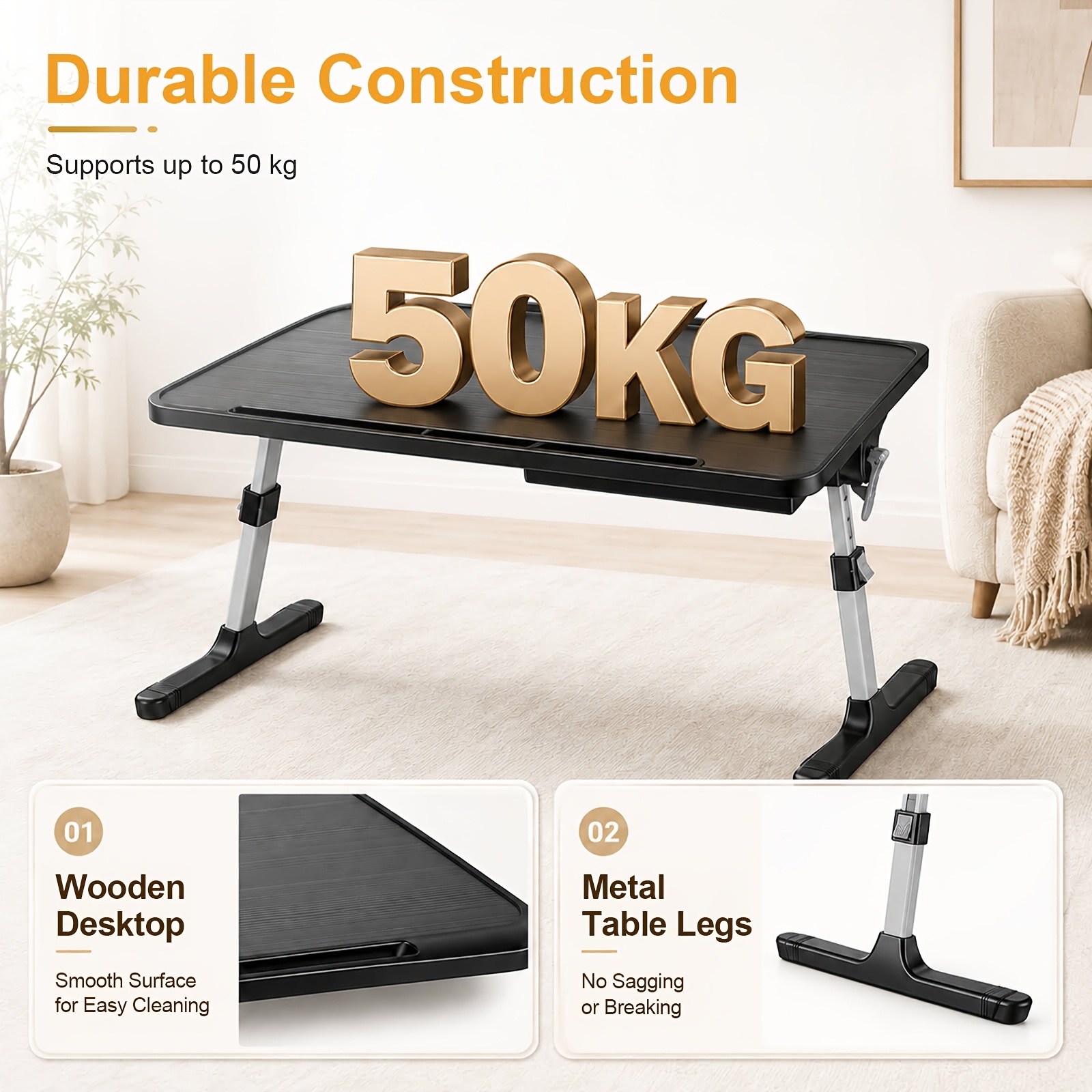 Image of Height & Angle Adjustable Bed Laptop Table, Foldable Lap Desk With Anti-slip Blockers, Wood Top Metal Frame, 50kg Load